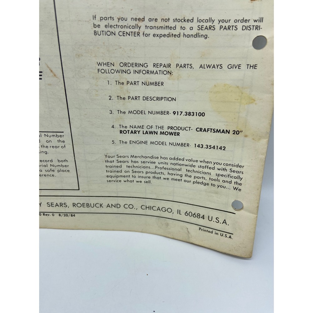 Craftsman Lawn Mower Owners Manual 917383100 Rear Bagger 20 Inch 1984 Vintage - Picture 5 of 9